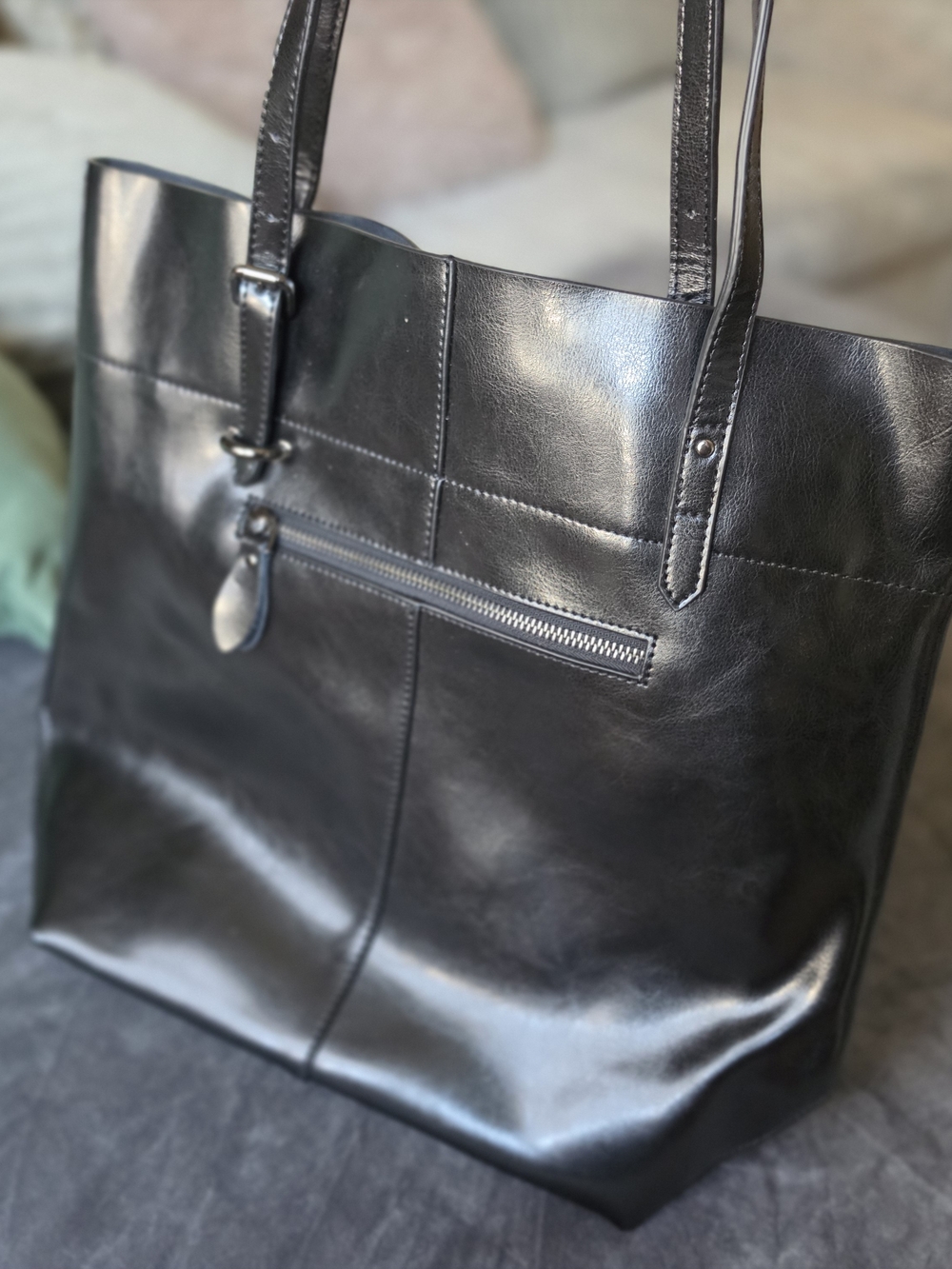 Polished Black Leather Tote - Everyday Work Bag